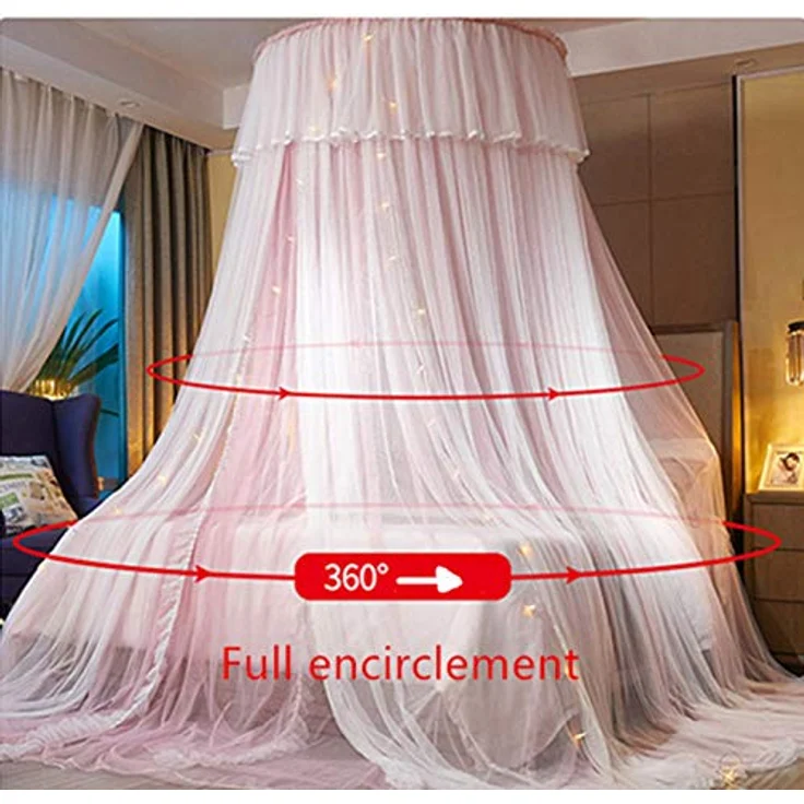 VARWANEO Prinzessinnen-Betthimmel für Mädchen, Betthimmel, Vorhang, doppellagig, durchscheinendes Netz, kuppelförmig, Moskitonetz für Doppelbett, Queen-Size-Bett, Rosa/Weiß – Bild 7