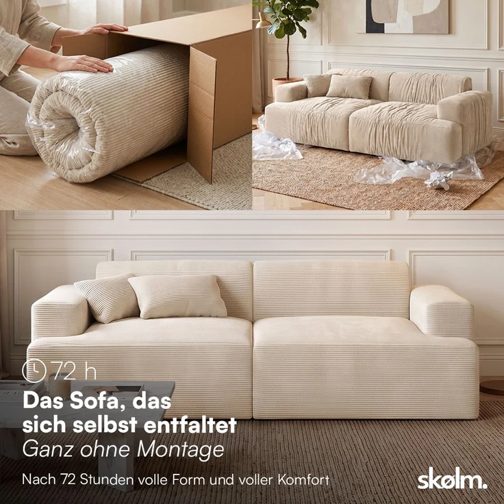 skølm 'Freki' Cloud Sofa 2 Sitzer, Vollschaumcouch mit Federkern und Vakuum-Kompression, kein Aufbau erforderlich, mit 2 Kissen, Cord beige – Bild 3