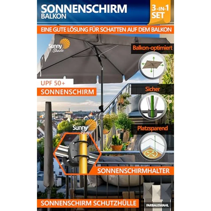 Menz Sonnenschirm Balkon - 3-IN-1 Sonnenschutz Balkon SET in Anthrazit, UPF 50+ Sonnenschirm rechteckig 200x125 cm + Sonnenschirmhalter Balkongeländer + Sonnenschirmhülle – Bild 3