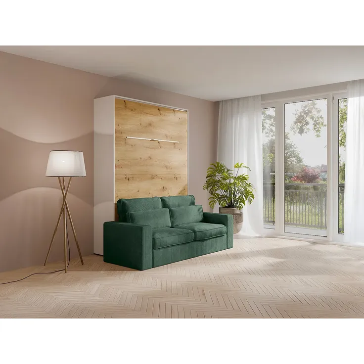 Vente-unique - Schrankbett 140 x 200 cm - Manuelle vertikale Öffnung - Mit LEDs - Weiß und Naturfarben + Matratze + Grünes Sofa - RAPILI