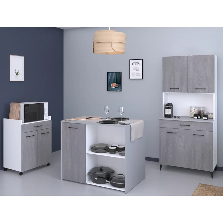 Mehrzweckschrank-Set >Malice 5< (3-teilig) Buffet + Insel + Beistellschrank, Beton Optik hell / weiß – Bild 2