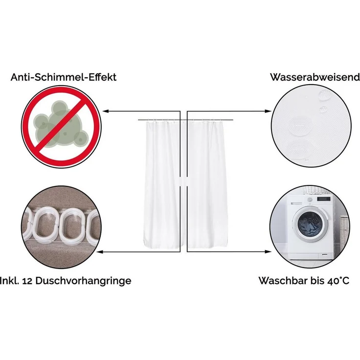 ZOLLNER Duschvorhang mit 12 Ringe zur Befestigung, 180x200 cm, weiß – Bild 2