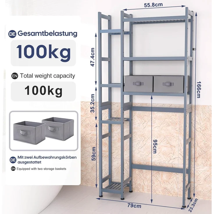 Yorbay Badregal Toilettenregal aus Bambus, Weiß WC Regal Badregal 79x23,3x166 cm, mit 2 Körben, mi 7 Ablagen, Multifunktional, Badezimmerregal, Verstellbar Badregal – Bild 3