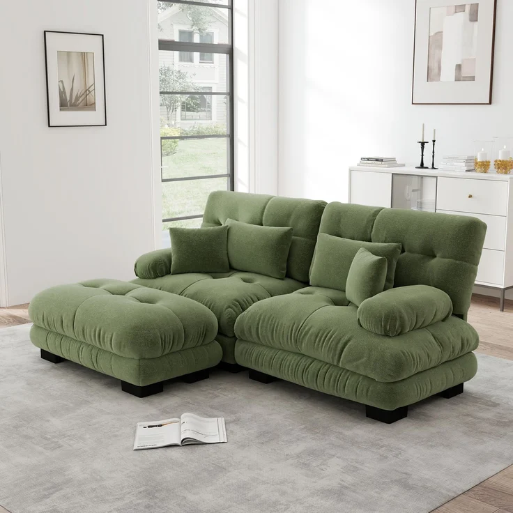 EINHOM Cloud Ecksofa für Wohnzimmer, Chenille Doppelsofa mit 2 Lendenkissen und 2 Dekokissen, Polstersofa mit breiten Armlehnen und Ottoman, Chenille Grünes – Bild 1
