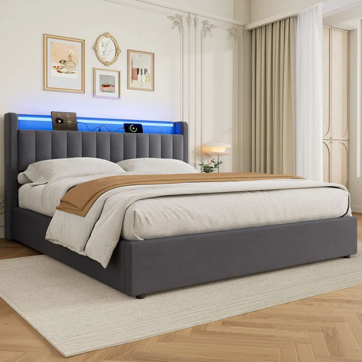Polsterbett 180 x 200 cm aus Samt mit integriertem Stauraum, USB-Anschluss und LED-Beleuchtung, Dunkelgrau – Bild 3