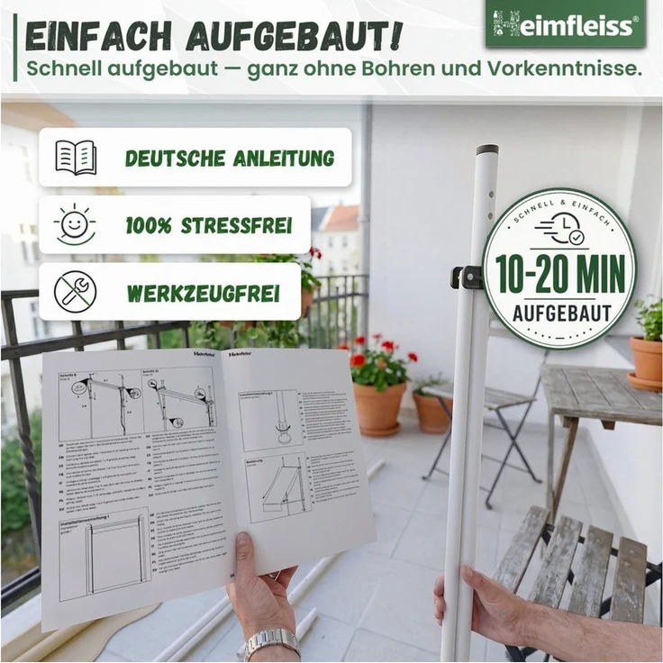 Heimfleiss® Klemmmarkise Klemmmarkise Balkon ohne Bohren Sonnenschutz UPF 50+ Klemmmarkise 250 cm breit, beige, höhenverstellbar – Bild 3