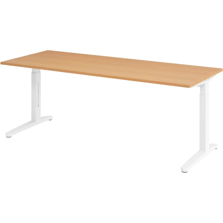 bümö manuell höhenverstellbarer Schreibtisch 200x80 in Buche, Gestell in weiß - PC Tisch höhenverstellbar & groß, höhenverstellbarer Tisch Büro, großer Computertisch verstellbar, X20-6-WW – Bild 1