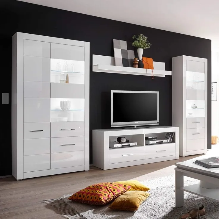 Lomadox Wohnwand BALVE-61, (2-St), Anbauwand weiß Hochglanz mit Stand-Vitrine & LED, BxHxT: 335x198x45cm
