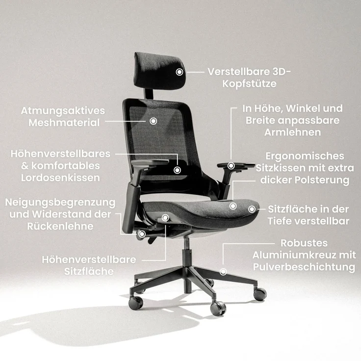 Ergotopia 'NextBack Pro' ergonomischer Bürostuhl mit integrierter Lordosenstütze, 3D Armlehnen & verstellbarer Kopfstütze, Schwarz – Bild 6