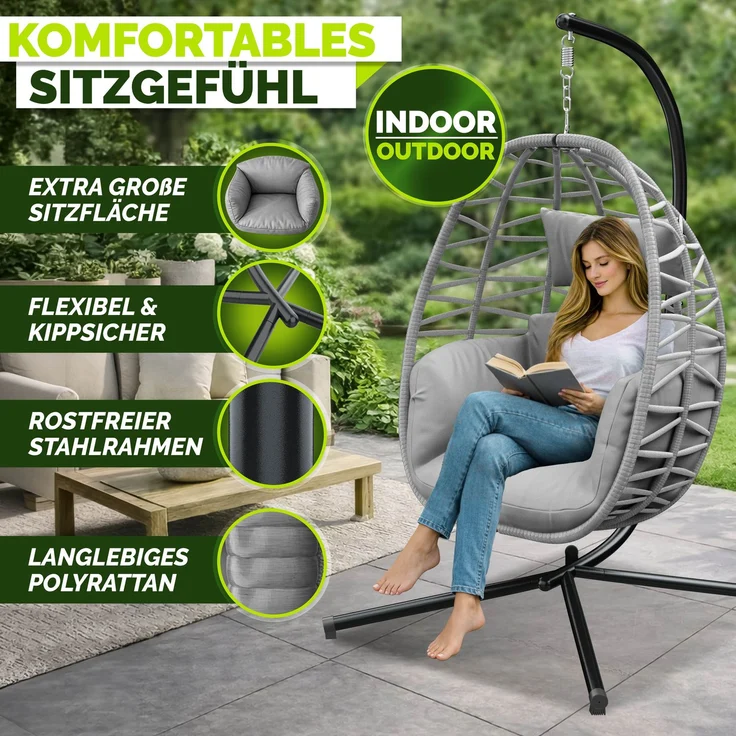 tillvex® Hängesessel mit Gestell Outdoor & wetterfester Abdeckung inkl. Befestigung | Hängekorb klappbar bis 150 kg | Hängesitz aus Rattan | Hängestuhl für Indoor Garten Balkon Terrasse – Bild 8