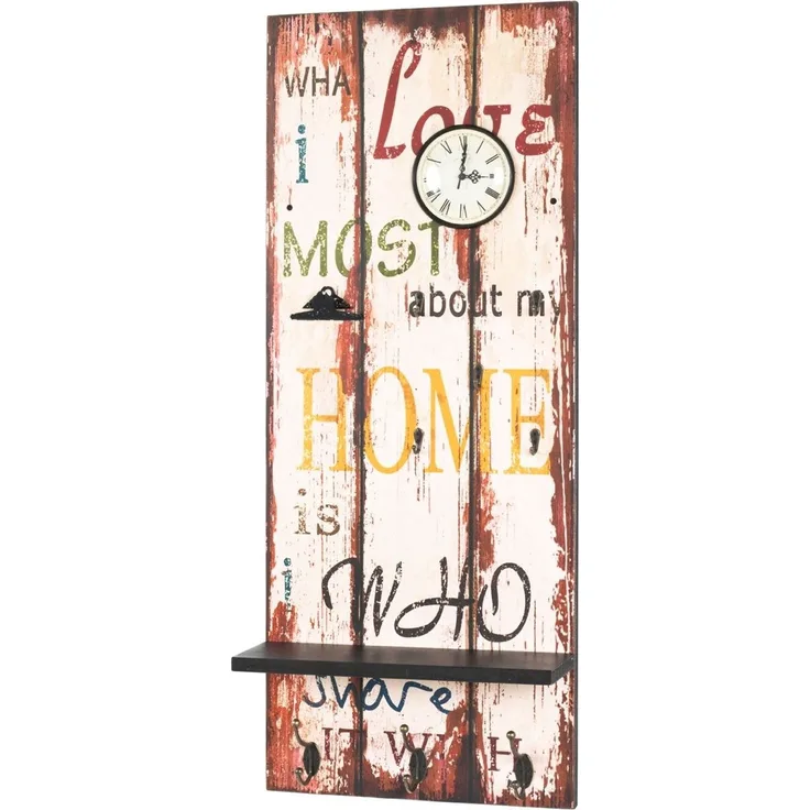 Haku Memoboard Home mit Uhr, 5 Schlüsselhaken, 3 Garderobenhaken und Ablage, MDF in Vintageoptik, braun-schwarz, 40x14x100 cm
