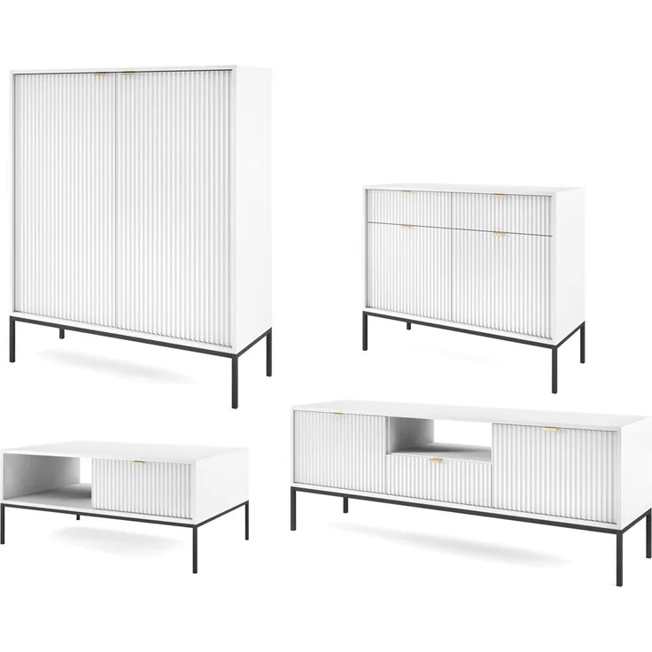 Wohnzimmer-Set Nova 4 teilig mit Highboard Couchtisch Lowboard MDF Farbe und GestellFarbe: weiß
