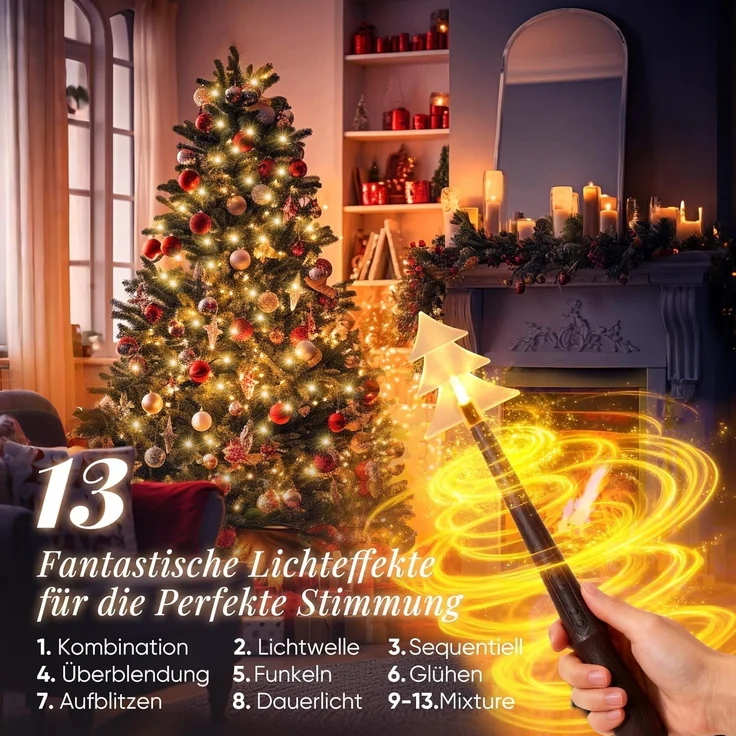 Salcar LED-Lichterkette Weihnachtsbaum Lichterkette 8 Girlanden mit Zauberstab Fernbedienung, 2m 280er LED Christbaumbeleuchtung für 150cm bis 240cm Tannenbaum – Bild 4