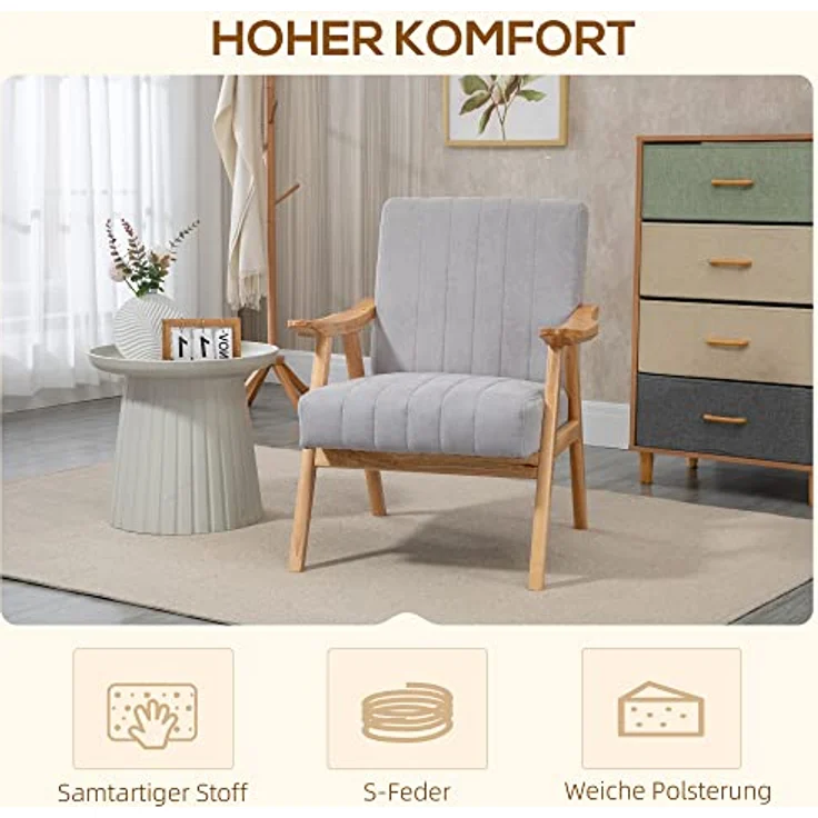 HOMCOM Relaxsessel Polsterstuhl mit Armlehnen in Samtoptik (Loungesessel, 1-St, Ohrensessel), Hellgrau 68 x 74 x 82 cm – Bild 5