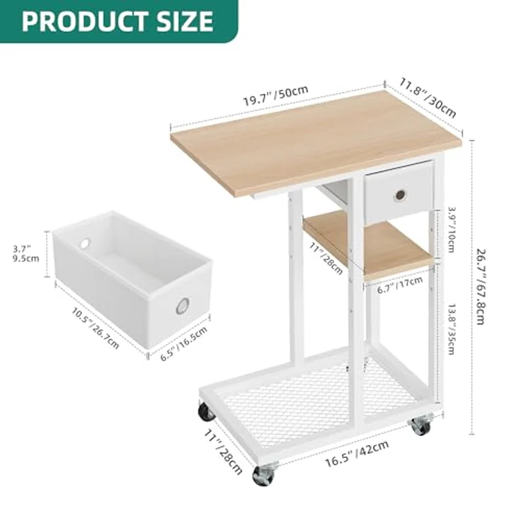 YITAHOME 2PCS Beistelltisch, C-Form Sofatisch mit Rollen und Schublade，Wohnzimmertisch für Kaffee und Laptop，für Wohnzimmer, Schlafzimmer，50 x 30 x 67 cm, Eiche – Bild 4