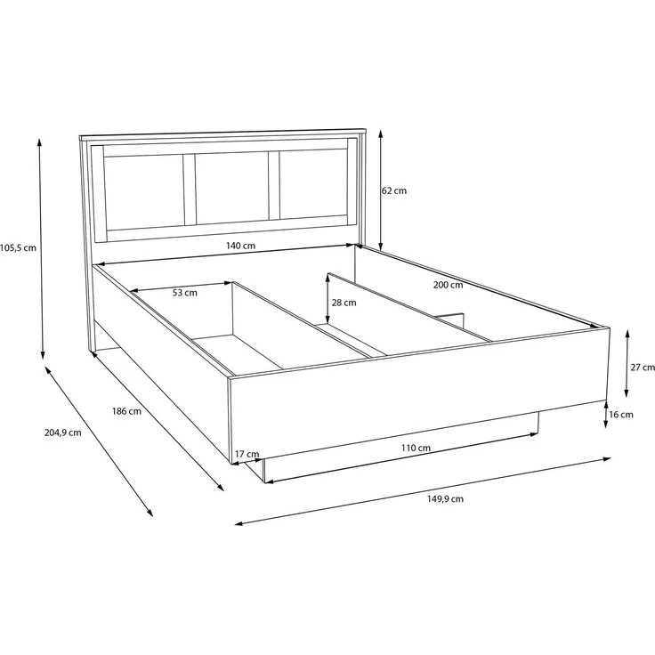 Forte GLENKEEN Bett, Liegefläche 140 x 200 cm, Bettgestell im Bohostil mit Rattangeflecht, Stauraum, Valencia Eiche Holzdekor | Naturrattan, 149,9 cm breit x 105,5 cm hoch x 204,9 cm tief – Bild 7