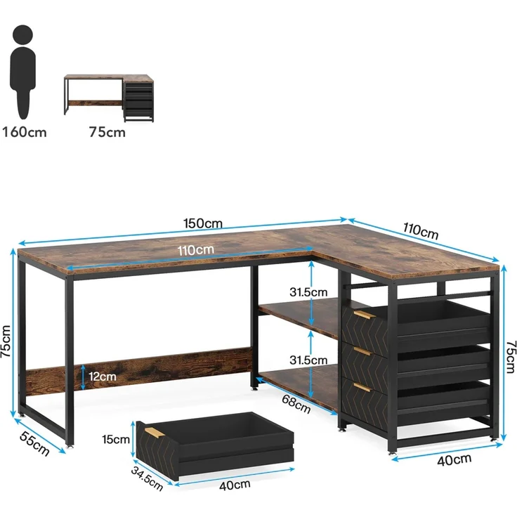 Stilvoll Computertisch,Bürotisch,Arbeitstisch,Eckschreibtisch,L-förmiger Schreibtisch (nur Tisch)--Schwarz, Rustikales Braun--150x110x75cm--YOUDENOVA – Bild 5