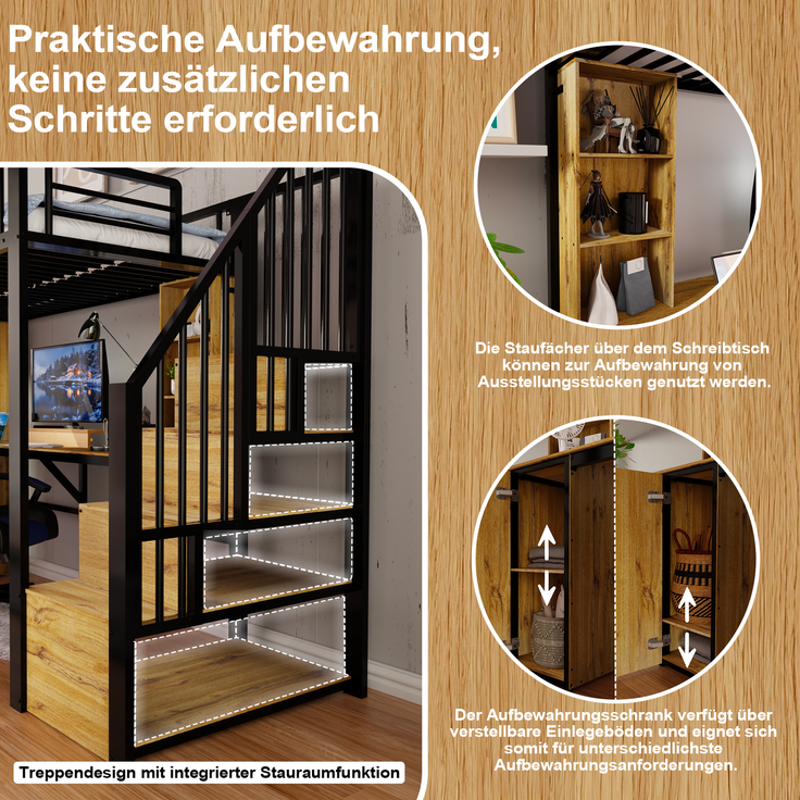 Hochbett 90×200 cm mit Rausfallschutz, Schreibtisch, Stauraum und USB-Anschluss, Schwarz, ohne Matratze – Bild 6