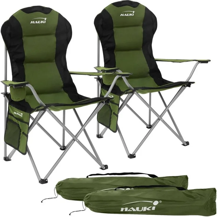 Hauki Campingstuhl Faltstuhl faltbar mit Getränkehalter & Tragetasche bis 150kg (2 St), 2x Klappstuhl 56x95x110cm Khaki Angelstuhl mit Hochlehner Gepolster