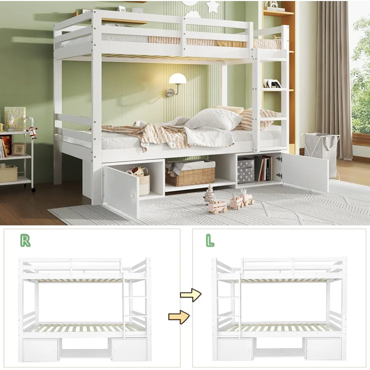 Bett 90x200 cm, teilbar in 2 Einzelbetten mit integriertem Stauraum und Schuhregalen – weißes Etagenbett für Kinder und Jugend – Bild 9