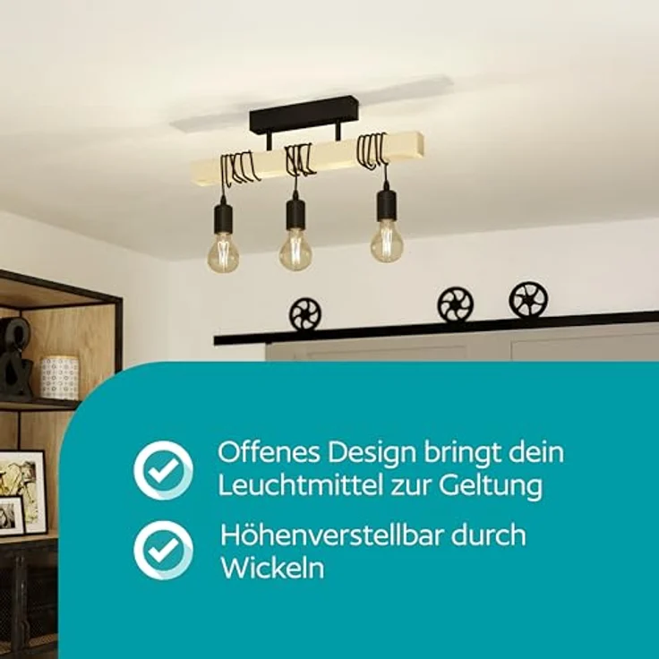 Eglo 32915 Deckenleuchte TOWNSHEND Stahl schwarz, Holz braun E27 3X40W L:55cm B:10,5cm H:26,5cm dimmbar – Bild 3