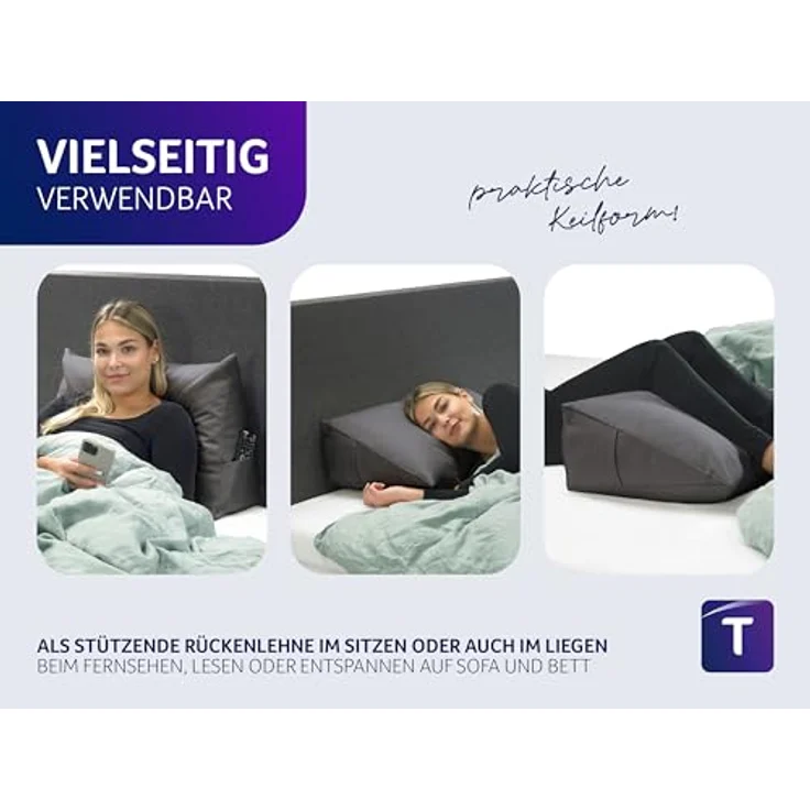 Traumnacht Cozy Rückenkissen, Lesekissen, 70x40 cm dunkelgrau, abnehmbarer,waschbarer Bezug aus 100% Polyester,praktisches Seitenfach,Öko-Tex zertifiziert,produziert nach deutschem Qualitätsstandard – Bild 6