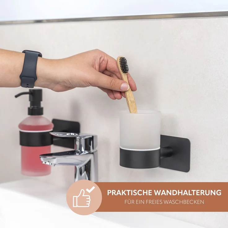 Bad-Serie PIAZZA BLACK TAPE - Zahnputzbecher ohne Bohren - mit Klebepad, aus Glas und Edelstahl, matt schwarz – Bild 5