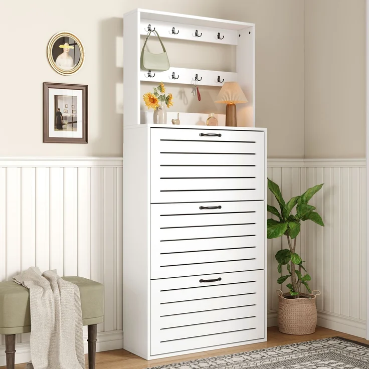 ZUBALIYA Schuhschrank (70 x 25 x 163 cm), 3 Türen, Lamellengestaltung, Aufbewahrung für Schuhe, Hausschuhe und Schuhzubehör, Weiß – Bild 9