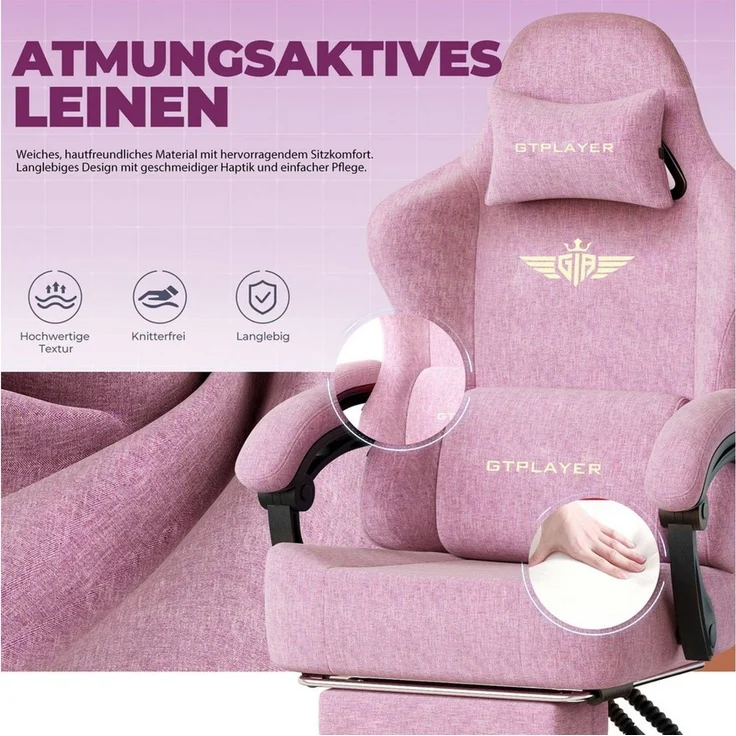 GTPLAYER Gaming-Stuhl Atmungsaktiver Bürostuhl, ergonomisch Hochwertiger - Stoff/Kunstleder, 160° Verstellbare Rückenlehne und ausziehbare Fußstütze – Bild 2