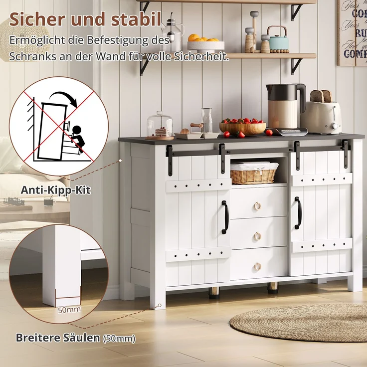 Merax 120 cm Buffetschrank mit Stauraum, Seitenschrank mit Schiebetüren und 3 Schubladen, rustikaler Holz-Kaffeebar-Buffettisch, weiß – Bild 3