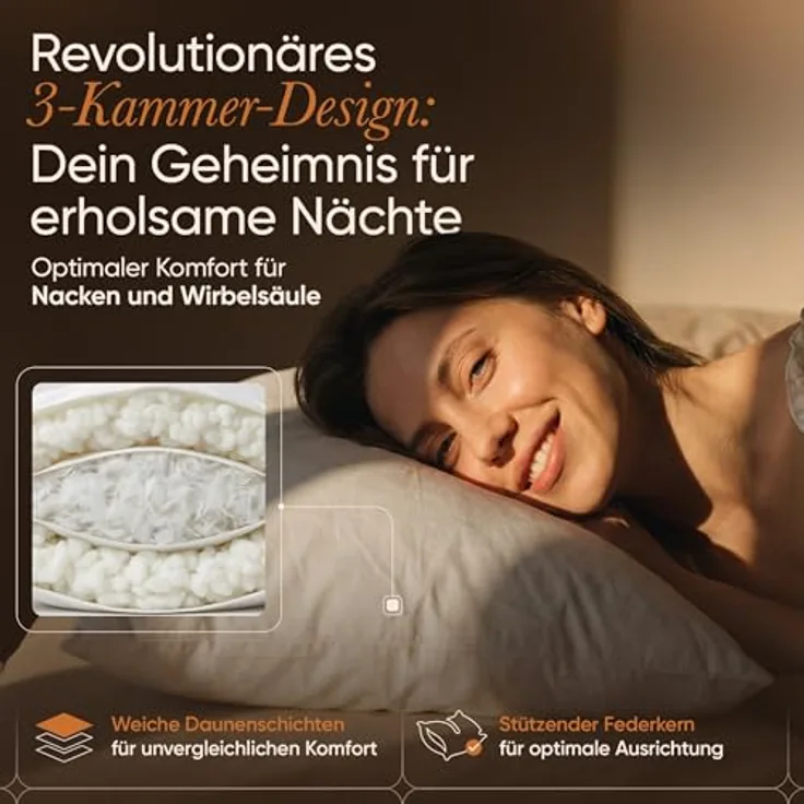 3-Kammer-Kopfkissen "Träum süß" kuschelweiches Premium Daunen- & Feder-Kissen 80x80 cm, BEFA NATUR, Füllung: Außen: 90% Daunen, 10% Federn - Innen: 100% Federn, Seitenschläfer, Rückenschläfer, Bauchschläfer, Spar-Set, Made in Germany - ...