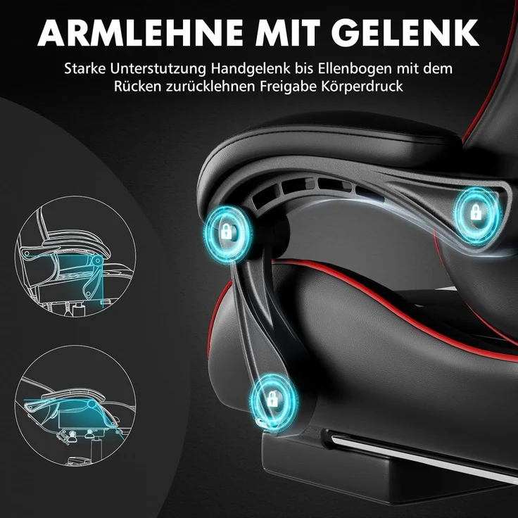 GTPLAYER Gaming Stuhl, Bürostuhl, Ergonomischer Pc Stuhl, Gaming Sessel mit Massagelendenwirbelstütze, Task Stühle mit Fußstütze und Kopfstütze, Rot Kunstleder – Bild 8