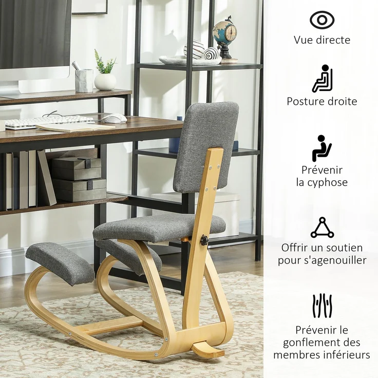 JARDJ Kniestuhl, ergonomischer Schaukelstuhl aus Holz mit Rückenlehne, Kniestuhl fürs Homeoffice, grau – Bild 7