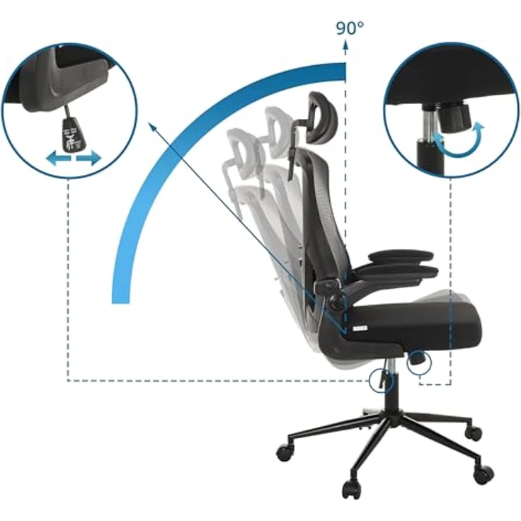 MID.YOU Drehstuhl Schwarz, Textil, 360° drehbar, ergonomische Rückenlehne, gepolsterte Armlehnen, Arbeitszimmer, Drehstuhl 60x117-124x60 cm – Bild 4