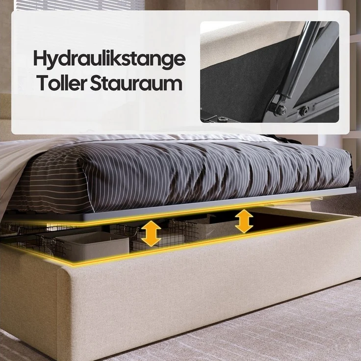 Yorbay Polsterbett Stauraumbett Polsterbett Hydraulisch Doppelbett 140x200 cm, Holzlattenrost, Bett mit Lattenrost aus Metallrahmen, Leinenbezug – Bild 3