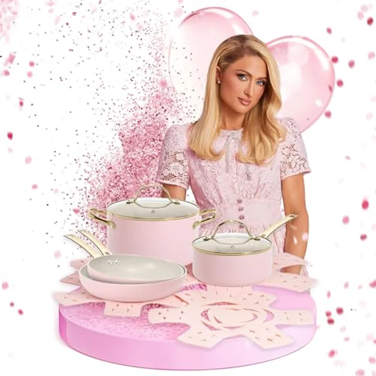 Paris Hilton Topf-Set Kochgeschirr 10-tlg. – Aluminium & Keramik Antihaft, Induktion, in Pink, Creme und Gold