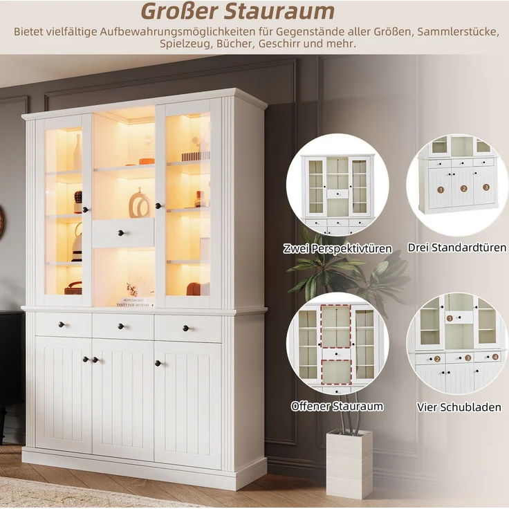 DESVIAE Vitrine Weiß aus MDF/gehärtetem Glas – 119,5x180x40 cm – 4 Schubladen, LED-Beleuchtung – Bild 4