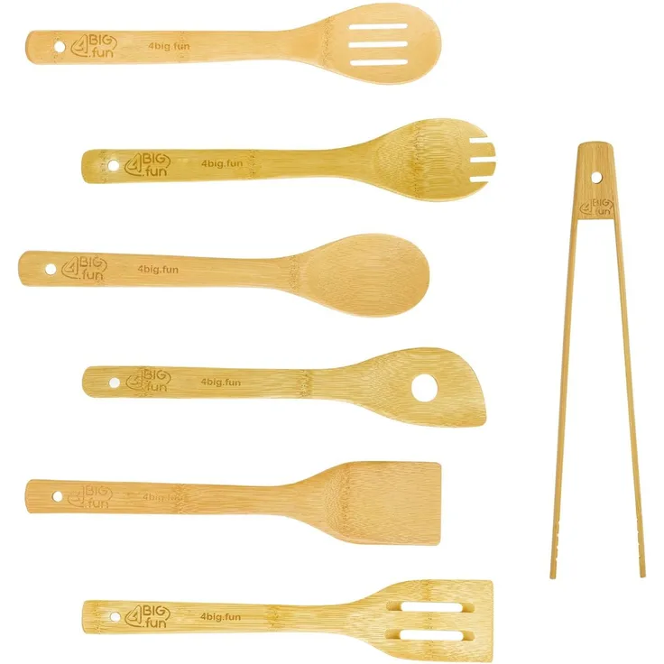 7 tlg Küchenutensilien Set Bambus 30 cm Küchenhelfer Kochzubehör Küchenbesteck