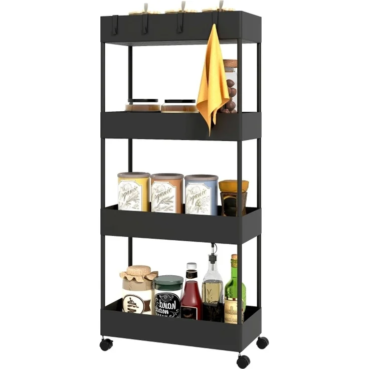 Küchenwagen mit 4 Ebenen, Rollen und Haken, 40x19x90 cm, Schwarz – Bild 6