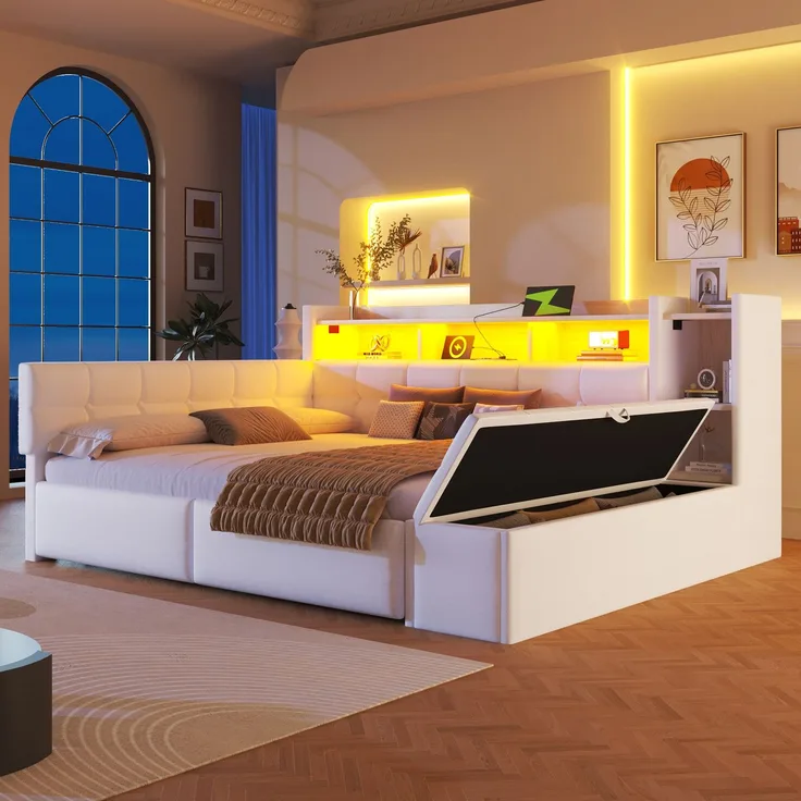 Merax Polsterbett 140 × 190 cm, Doppelbett, Tagesbett, Daybett, Schlafsofa, mit 2 Schubladen, USB- und Typ-C-Anschlüssen, LED-Lichtleiste, Ohne Matratze, Samt, Weiß