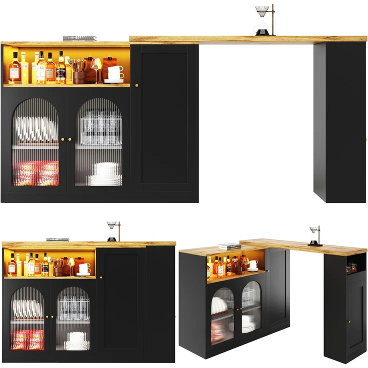 Um 360° drehbarer Bartisch (Hauptkörper: 198 x 39,6 x 97 cm), mattschwarzer Schrank mit Schreibtisch in Holzmaserung, mit Glasschranktür und LED-Licht, Sideboard, Weinschrank, Kaffeeecke--Schwarz--197x39.6x100cm--YOUDENOVA – Bild 2