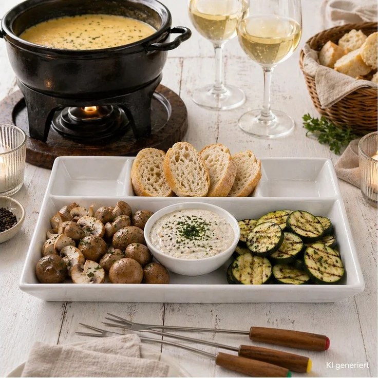 MamboCat Frühstücksteller 6er Set Fondueteller weiß 23x18 cm mit 4 Fächern Raclette Fondue Dip – Bild 3