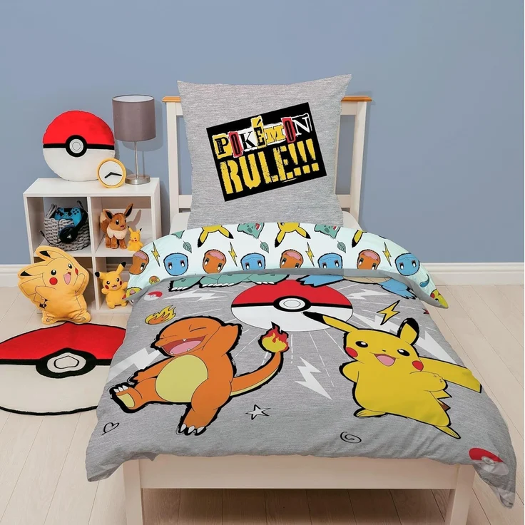 Flanell-Bettwäsche Pokemon Rock 135x200 80x80 cm in Grau mit Pikachu, Glumanda, Shiggy und Bisasam aus 100% Baumwolle – Bild 1