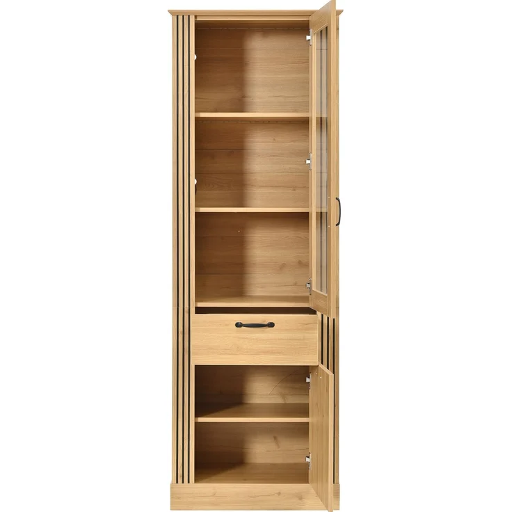 DESVIAE Regal als Vitrinenschrank Natur aus Spanplatte – 62x180x41 cm – LED-Beleuchtung, Spiegeltür, Schublade – Bild 8