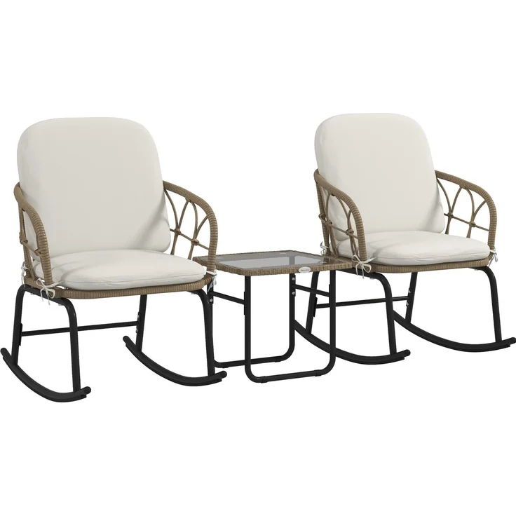 Schaukelstuhl-Set 63 x 82 x 75 cm mit Tisch – 3-teilig aus PE-Rattan, Stahlrahmen und Glasplatte – Bild 7