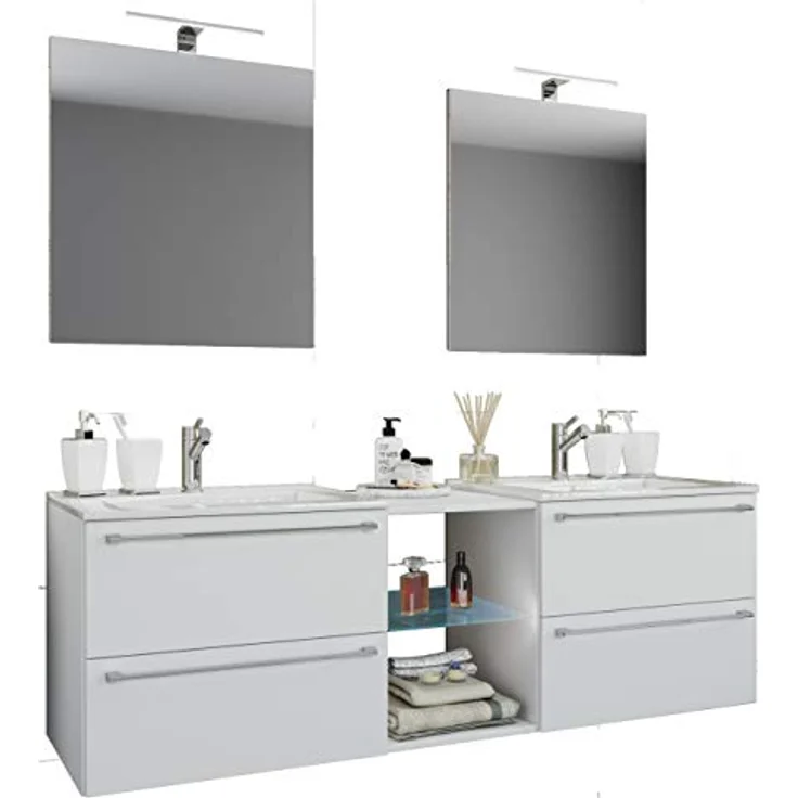 VCM Badmöbelset Badinos XXL, 3-teiliges Doppel Waschplatz Set mit 2 Keramikwaschbecken, 2 ESG-Sicherheitsglas Spiegel und 4 Schubladen in Melamin weiß – Bild 1