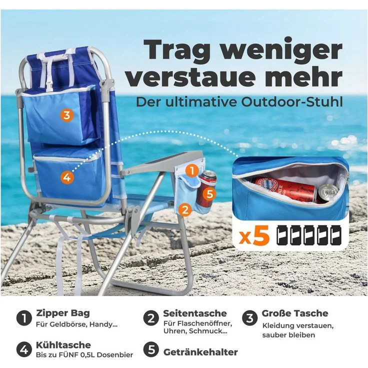 HOMECALL Klappstuhl Strandstuhl Leicht Klappbar Camping, 5-fach verstellbare Rückenlehne (Bis150KG Aluminiumrahmen, groBe Kuhitasche und Aufbewahrungstasche, 2 St), Seitentaschen, Kopfstütze, Schultergurten, Handtuchhalter – Bild 3