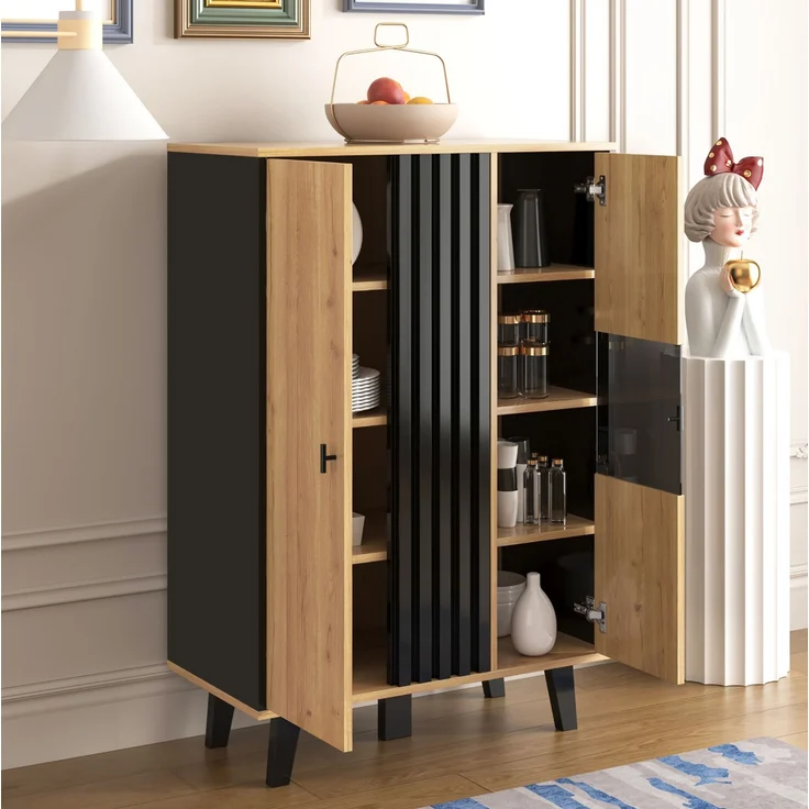 DESVIAE Vitrine mit Glastüren und LED-Beleuchtung, 80x120x40 cm, Spanplatte, Schwarz und Holzoptik – Bild 5