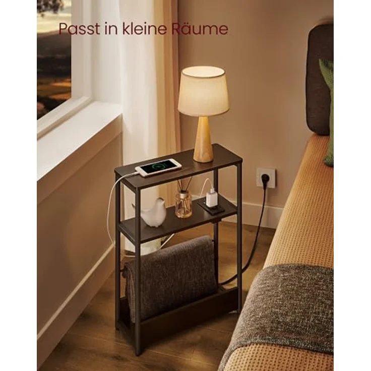 VASAGLE Beistelltisch schmal, Nachttisch mit Ladefunktion, Couchtisch klein, 3 Ablagen, Zeitschriftenhalter, für Wohnzimmer, Schlafzimmer, Arbeitszimmer, ebenholzschwarz-tintenschwarz LET335B02 – Bild 5