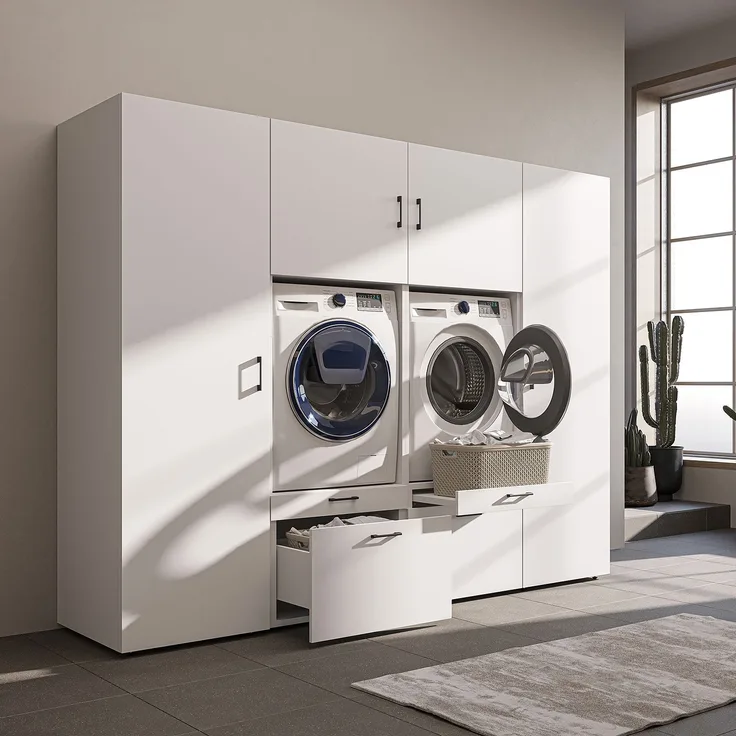 Roomart Waschmaschinenschrank SERIE-III Schrankwand 254 cm – 2 Geräte, Soft-Close | • Weiß